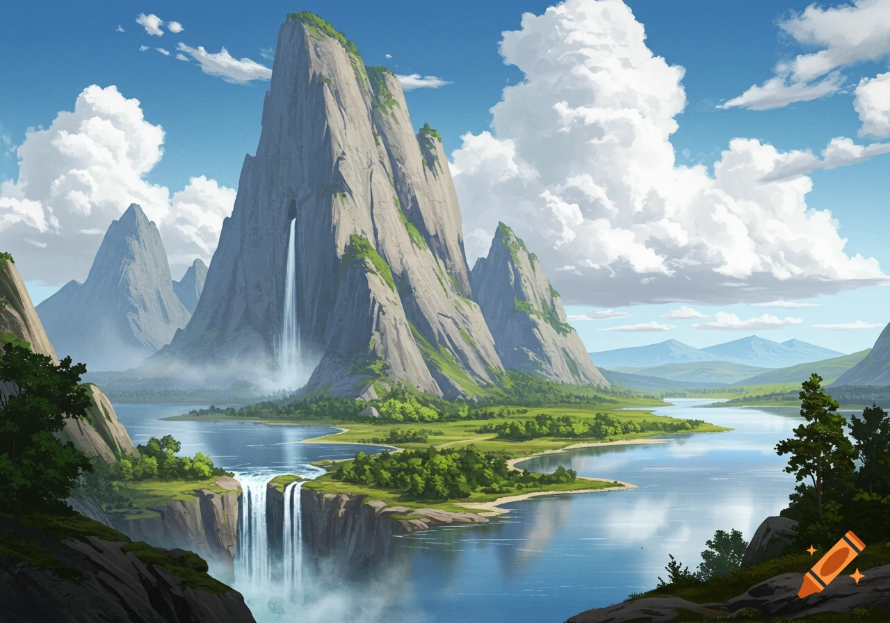 A majestic natural landscape with towering mountains, two waterfalls, a large lake, and green vegetation under a blue sky with clouds.