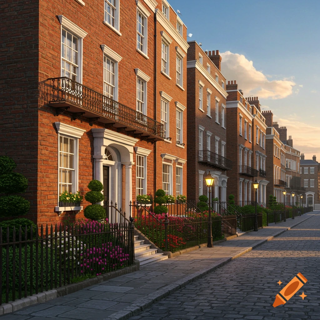 A row of red brick Georgian townhouses with white trim, ornate balconies, and small gardens, lining a cobblestone street at sunset.