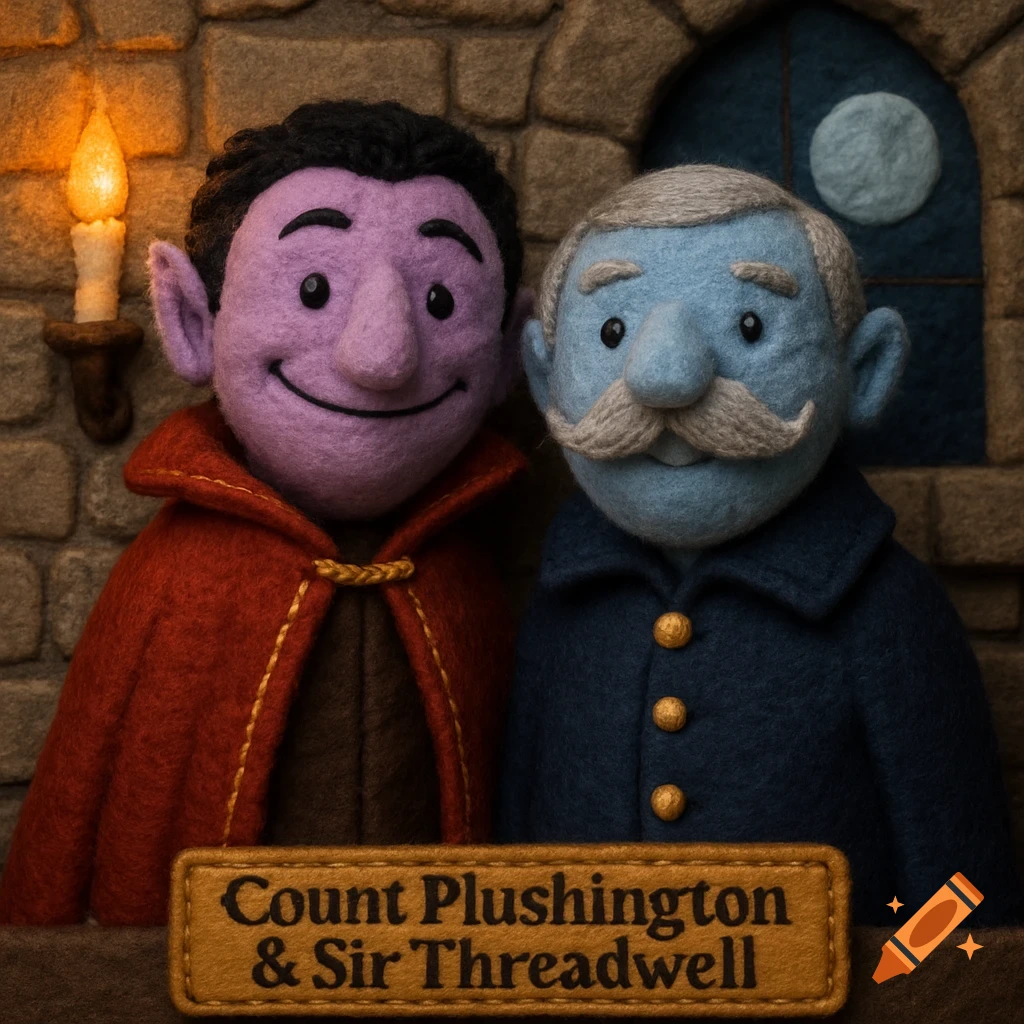 A photorealistic image of two smiling handmade felt puppets, one purple and one blue, in a castle room with a plaque reading "Count Plushington & Sir Threadwell".