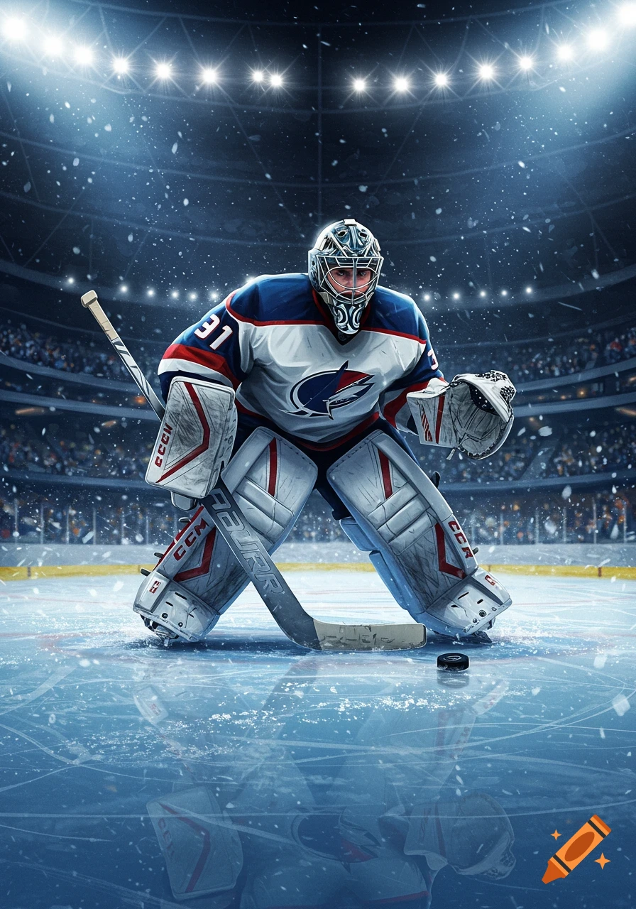 A detailed digital art image of an ice hockey goalie in a white, blue, and red uniform, crouched on a snowy rink under stadium lights, ready to play.