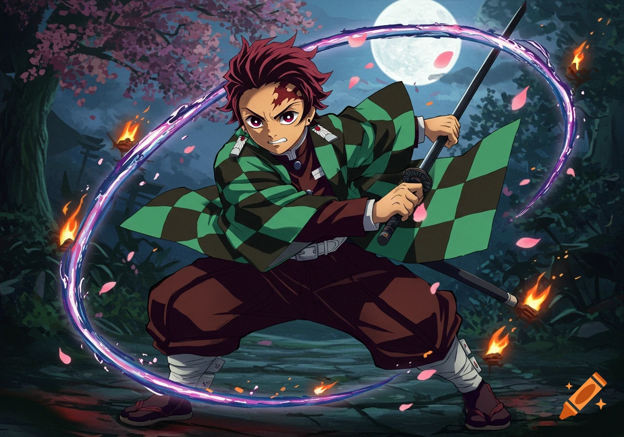 Anime character Tanjiro Kamado in a combat stance, wielding a sword with a glowing purple effect, under a cherry blossom tree with a full moon.