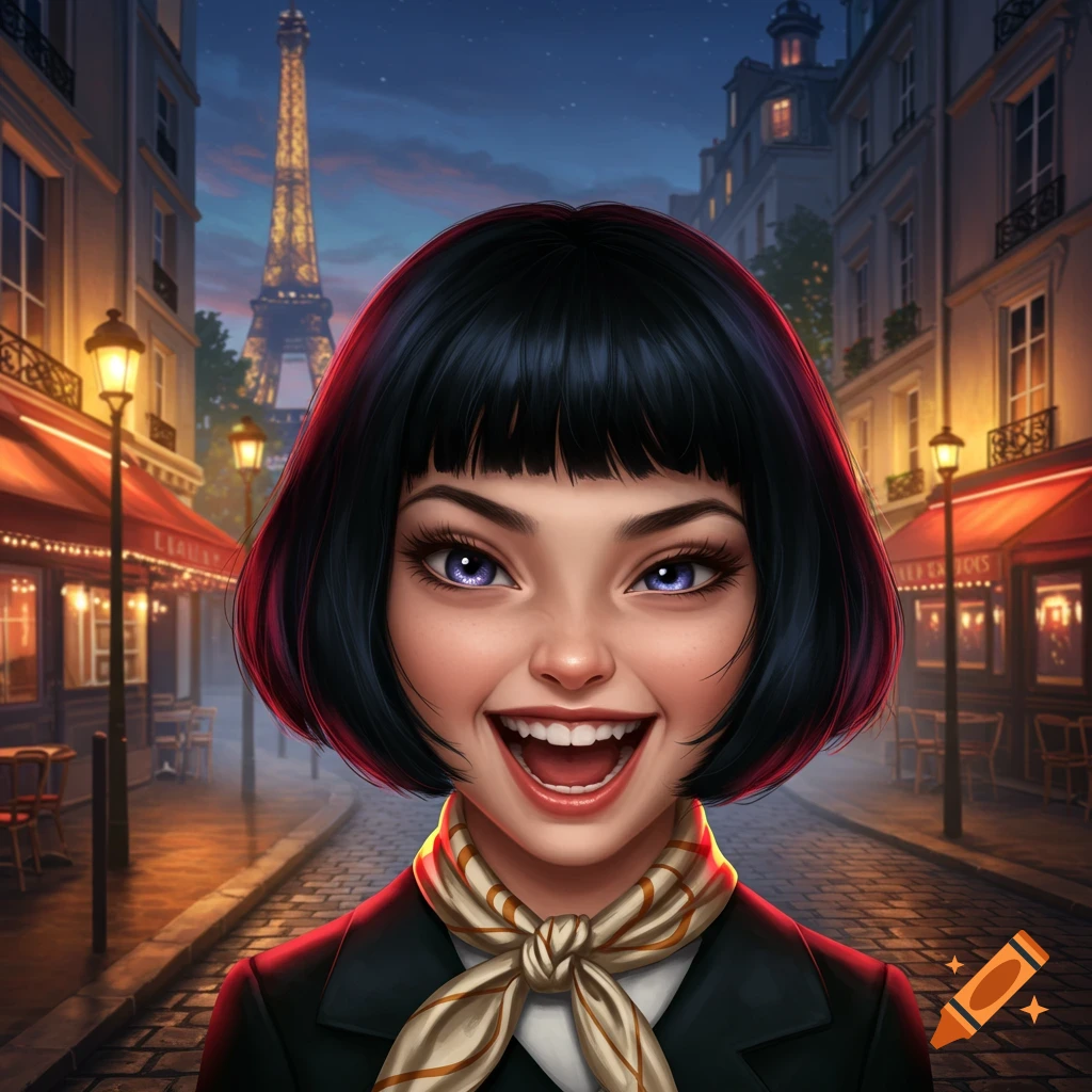 Stylized illustration of a smiling girl with short black hair and a scarf, standing on a cobblestone street with the Eiffel Tower in the background at dusk.