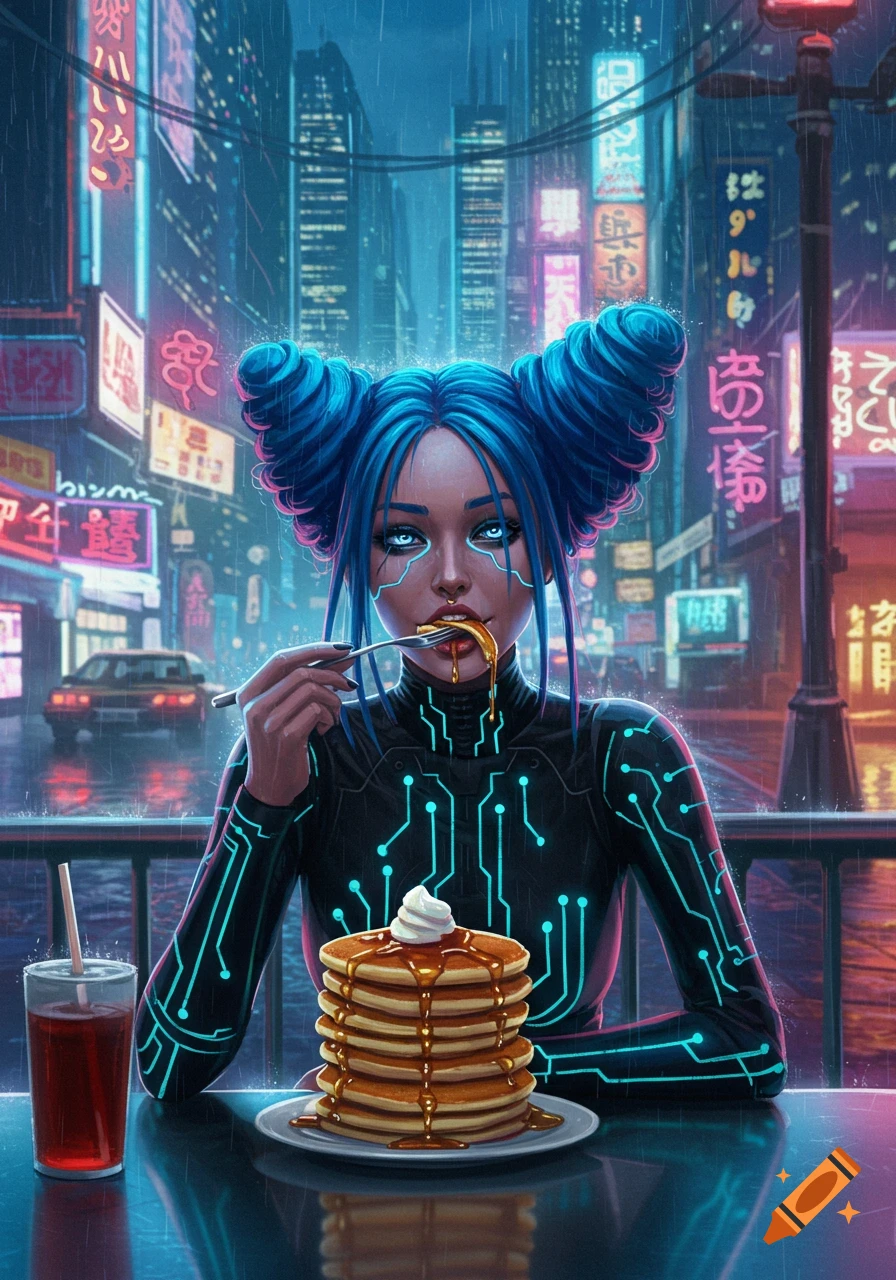 A cyberpunk woman with blue hair and glowing eyes eats pancakes with syrup at a table in a rainy, neon-lit city at night.