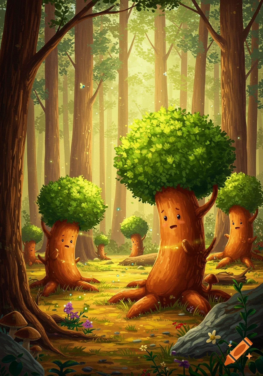 Whimsical cartoon illustration of several anthropomorphic trees with faces and small branches for arms, dancing in a sunny forest.