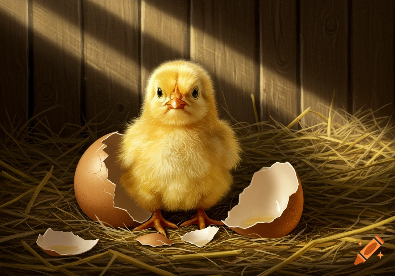 A fluffy yellow chick stands amongst broken eggshells on hay in a dimly lit wooden coop, detailed illustration.