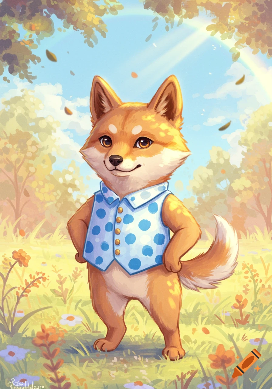 A cute cartoon dingo wearing a blue polka-dot waistcoat stands in a sunny, whimsical field with flowers, trees, and a faint rainbow.