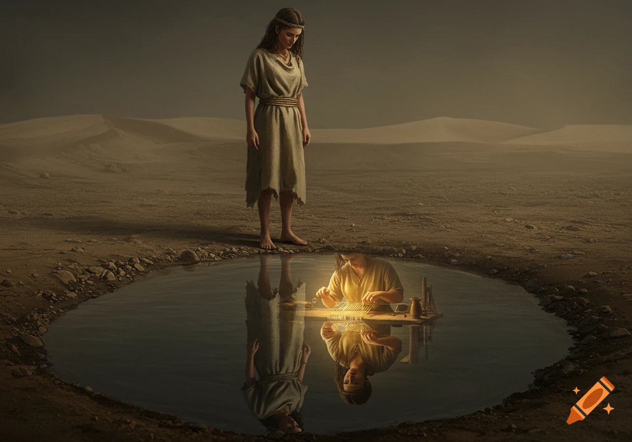 A woman in tattered clothes stands in a dusty desert, looking into a pool reflecting her as a diligent artisan crafting jewelry.