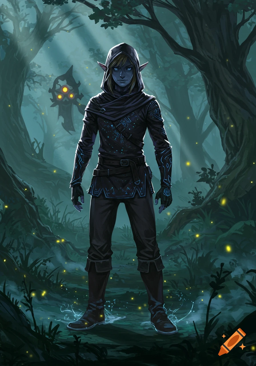 Link in a dark hooded outfit stands in a misty, moonlit forest, a shadowy, glowing-eyed creature lurking behind him.