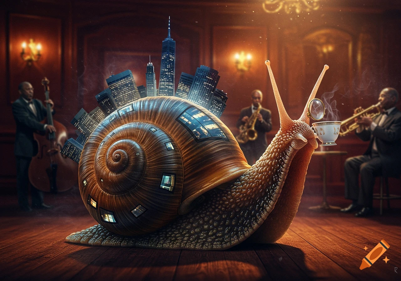 A large, photorealistic snail with a city of skyscrapers on its shell sips from a teacup in a dimly lit jazz club with musicians playing in the background.