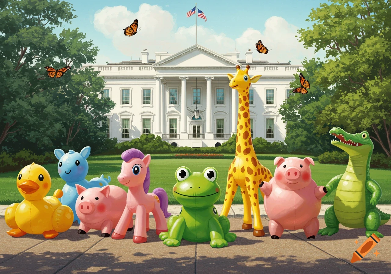 Inflatable duck, hippos, pig, pony, frog, giraffe, and alligator on a sidewalk in front of the White House with monarch butterflies.