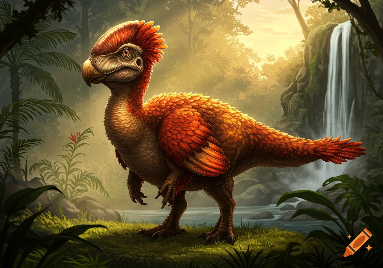 A feathered orange-brown dinosaur-like creature with a large head crest stands in a lush prehistoric jungle with a waterfall.