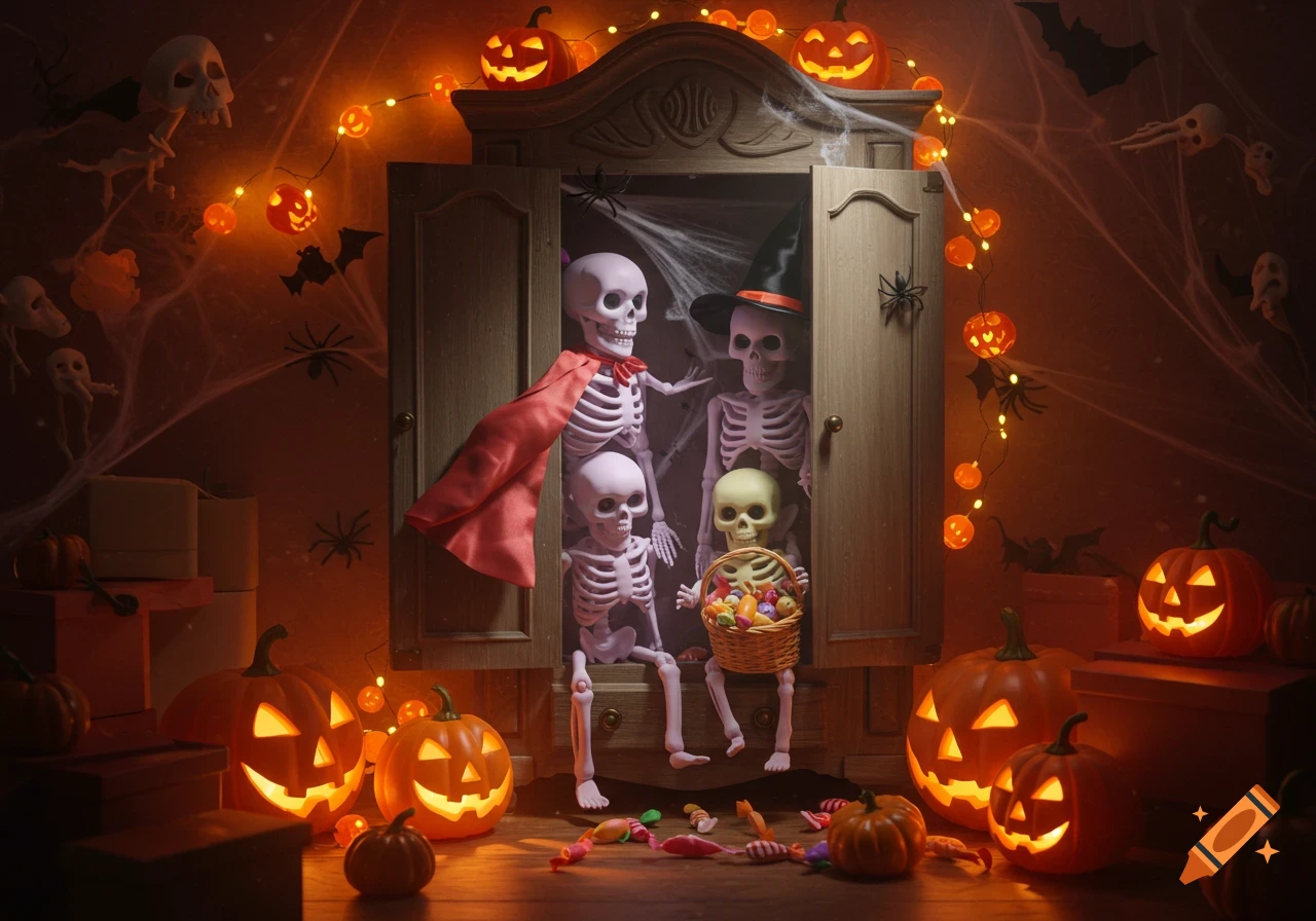 Costumed skeletons peek from an open wardrobe in a dimly lit, Halloween-decorated room with glowing jack-o'-lanterns and candy.