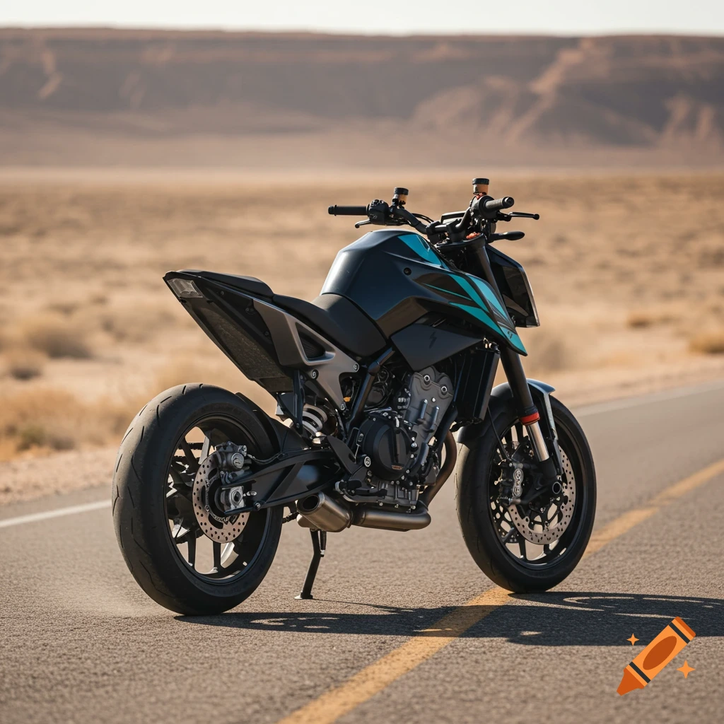 A black and turquoise motorcycle is parked on an asphalt road with a yellow line in a desert landscape under a clear sky. Photorealistic.