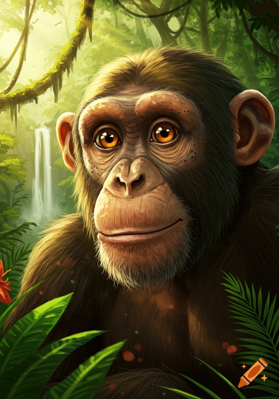 A friendly chimpanzee with bright orange eyes smiles in a lush green jungle with a waterfall in the background.