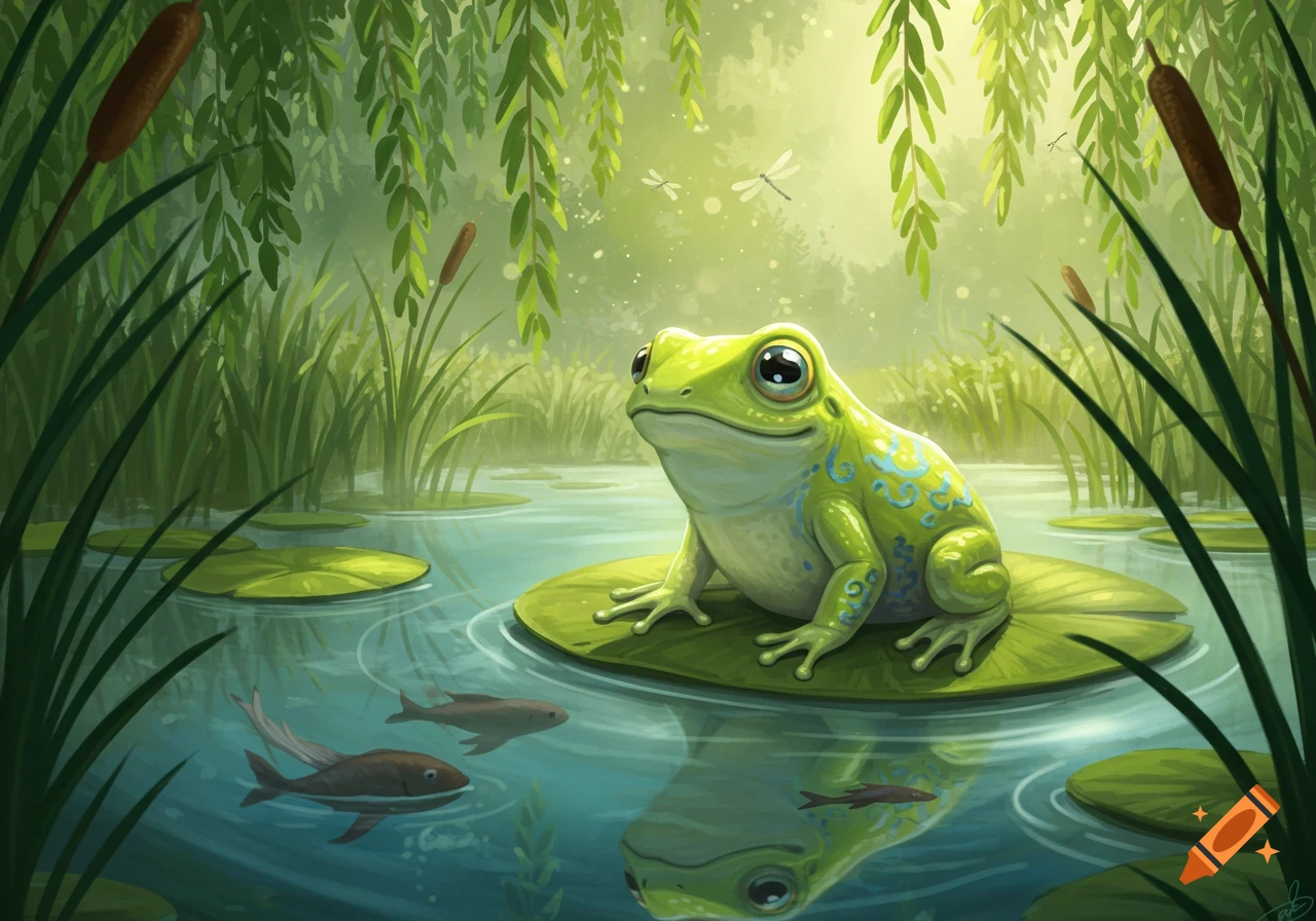 A bright green cartoon frog sits on a lily pad in a pond, surrounded by tall grass, willow leaves, and cattails, with fish swimming below.