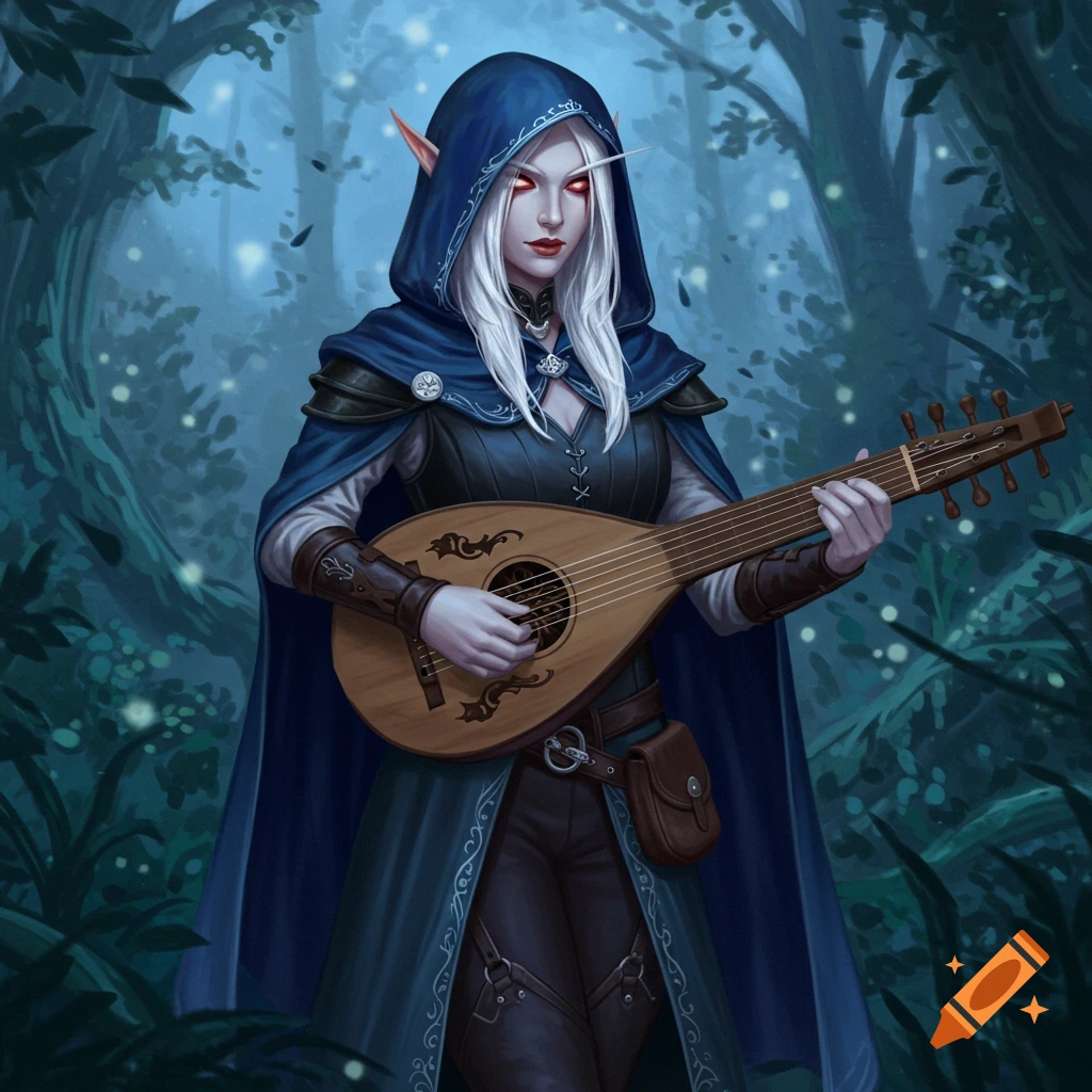 A pale-skinned, white-haired female elf in a blue hooded cloak and black bard clothing plays a lute in a dark forest. Digital painting.