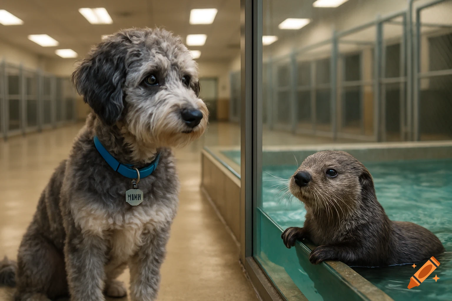 A grey and white dog with a blue collar looks at a sea otter in a glass enclosure at an animal facility.