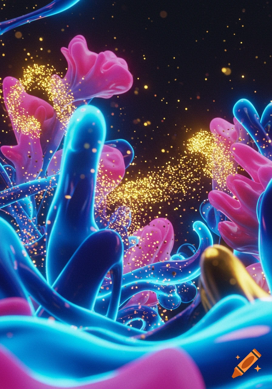 Vibrant abstract blue and pink bioluminescent forms with glowing golden particles against a dark background.