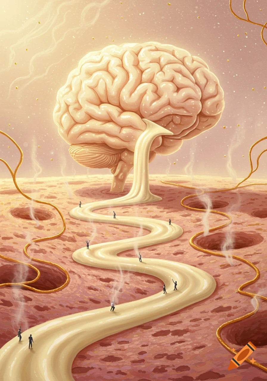 A giant brain pours creamy liquid forming a path with tiny figures, on a surreal landscape with steaming holes and golden tendrils.
