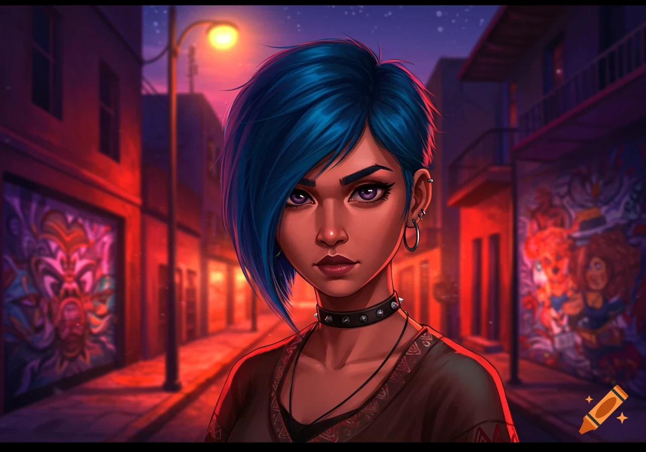 A stylized portrait of a woman with short blue hair and purple eyes, wearing a spiked choker, standing in a vibrant, neon-lit urban alley with graffiti.