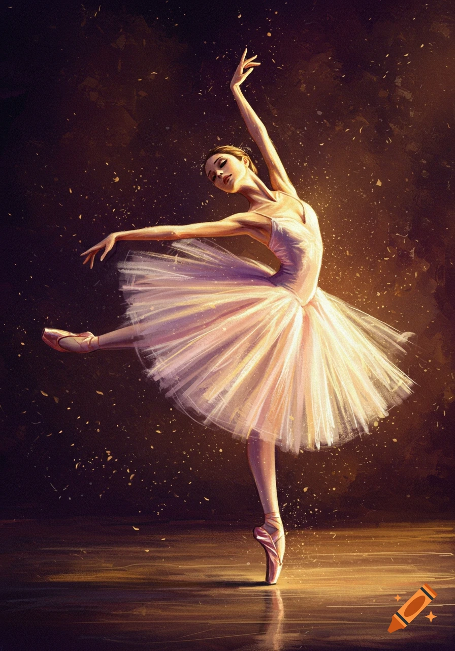 A ballerina gracefully dances en pointe in a dramatic oil pastel style with sparkling light.