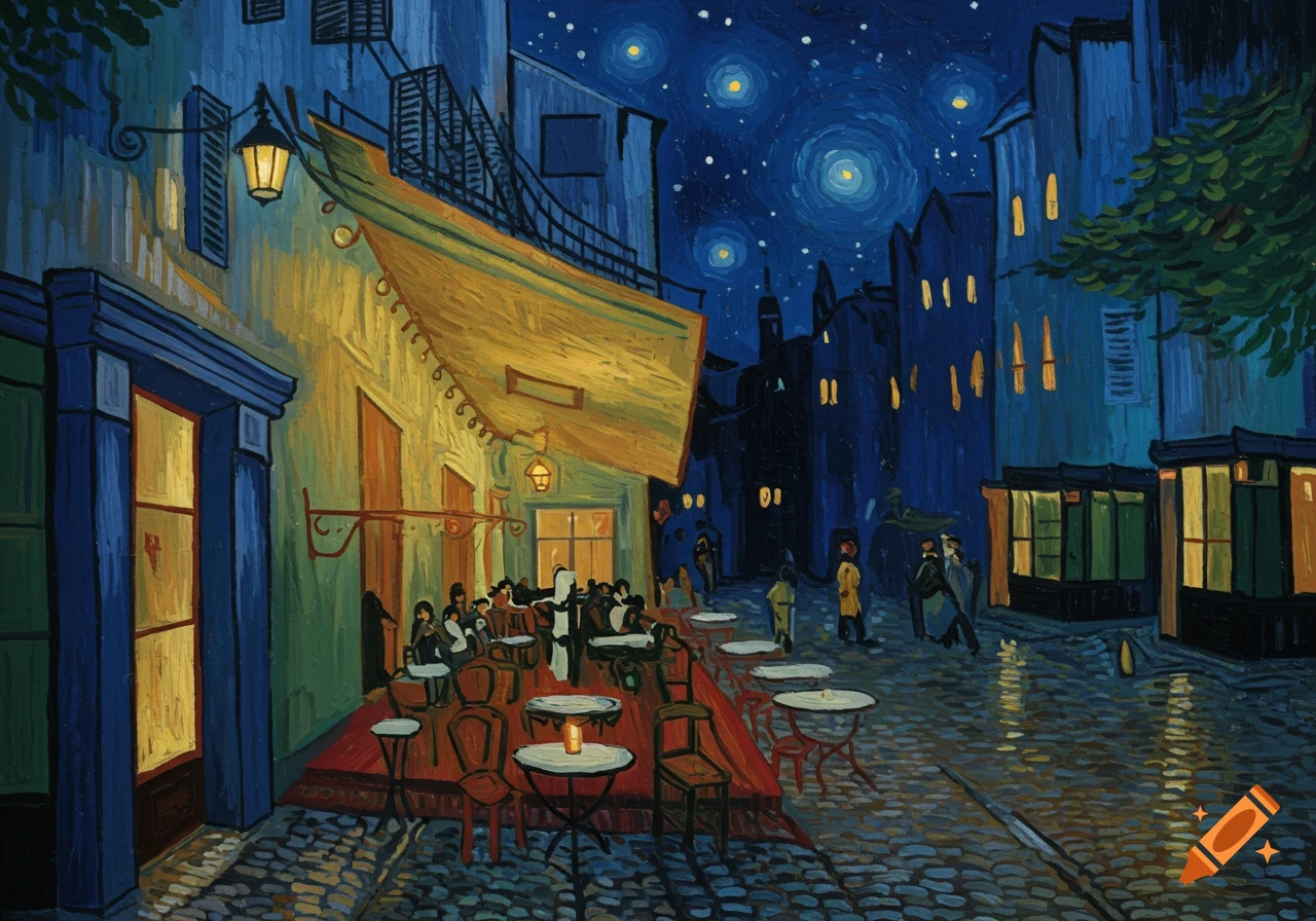 A Post-Impressionist painting of a cafe terrace at night with people, glowing lights, a cobbled street, and a starry blue sky.