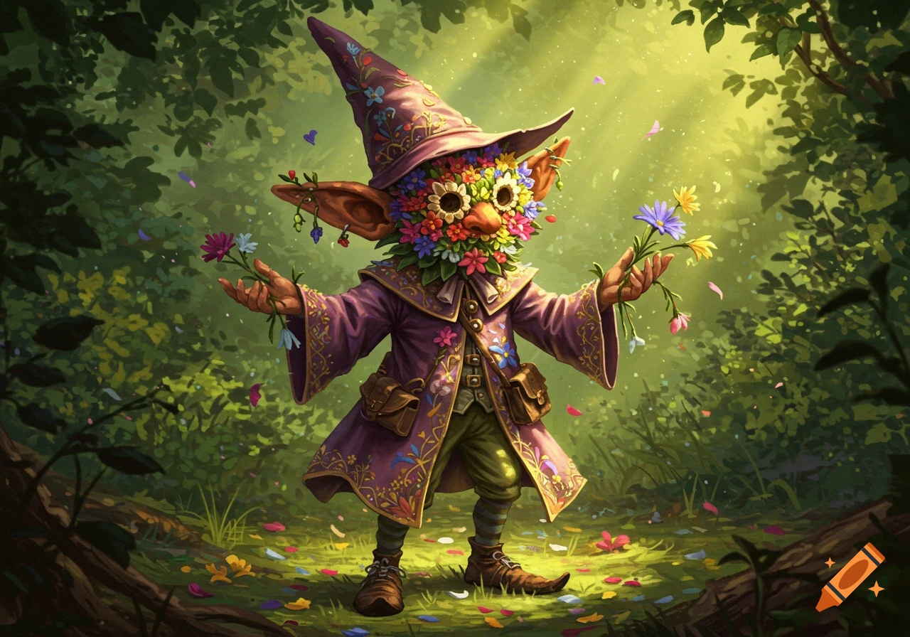 A whimsical, purple-robed goblin-like creature with a flower-covered face and pointed hat stands in a forest, holding bouquets.