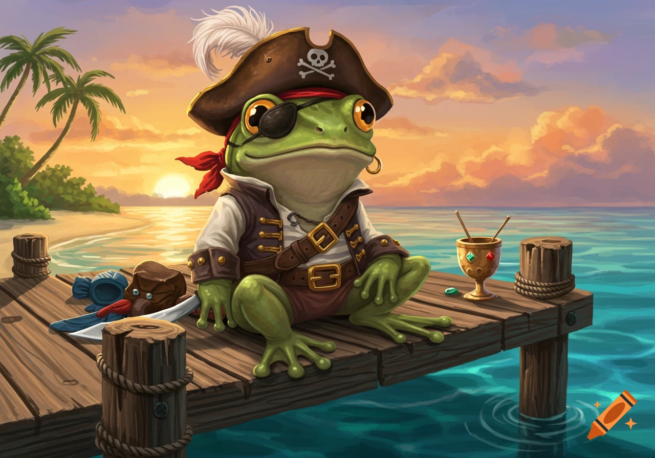 A cartoon pirate frog with an eyepatch and hat sits on a dock by the ocean at sunset, with palm trees on a distant beach.
