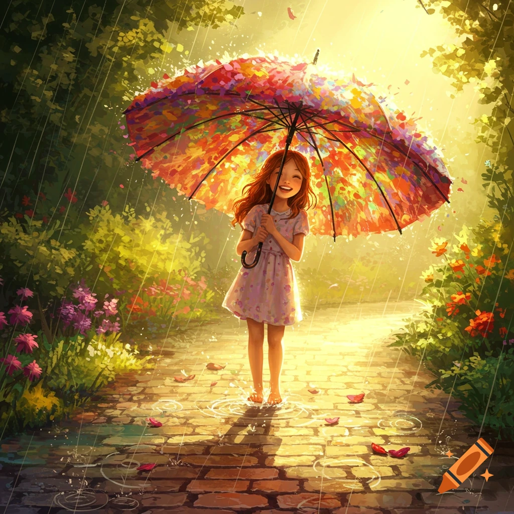 A happy girl with red hair holds a colorful umbrella, standing barefoot in puddles on a sunlit brick path in a lush, rainy garden.