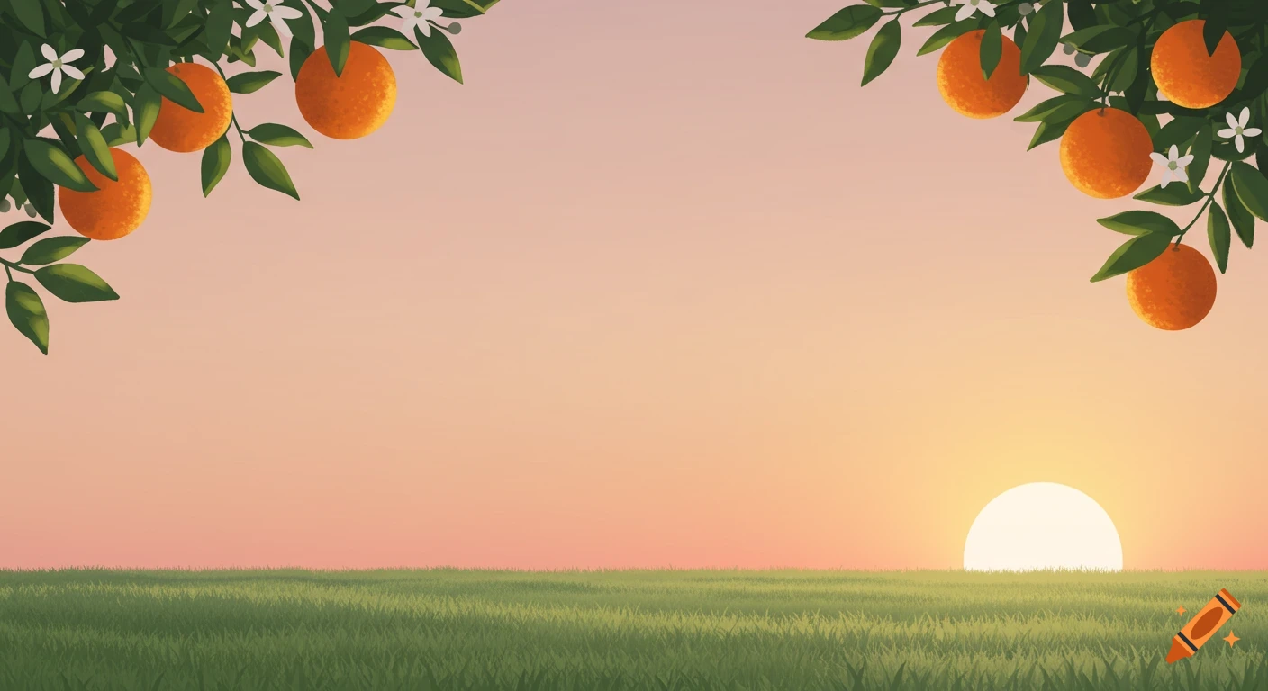 Soft digital illustration of a sunset over a grassy field, framed by orange branches with ripe oranges.
