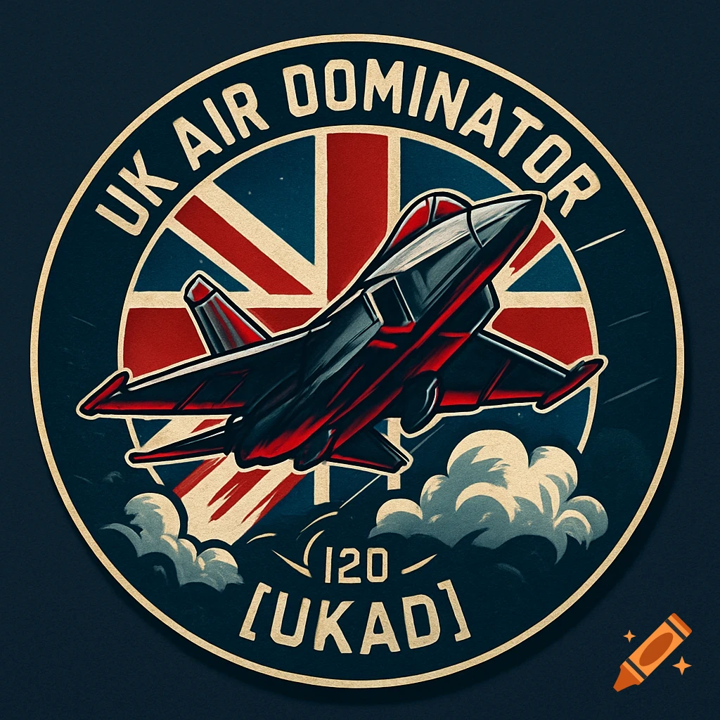 A circular military aviation emblem features a fighter jet over a Union Jack flag, with text "UK AIR DOMINATOR" and "[UKAD]" in a bold graphic style.