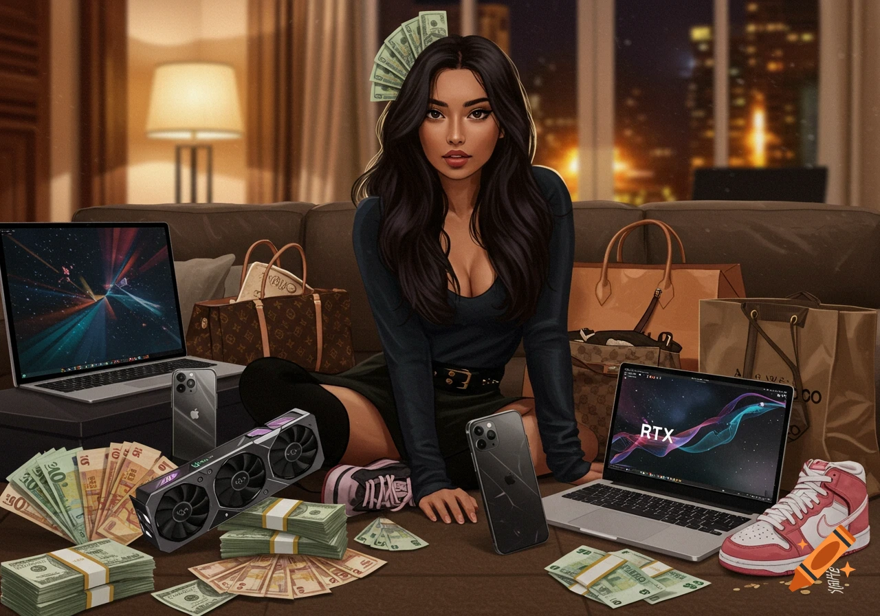 An illustrated portrait of a young woman sitting on a couch, surrounded by money, designer bags, laptops, iPhones, and a graphics card, in a luxurious setting.
