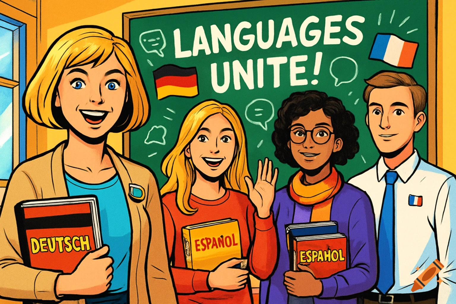 Comic art illustration of a teacher and three students in a classroom with a chalkboard that says "LANGUAGES UNITE!". They hold language textbooks.
