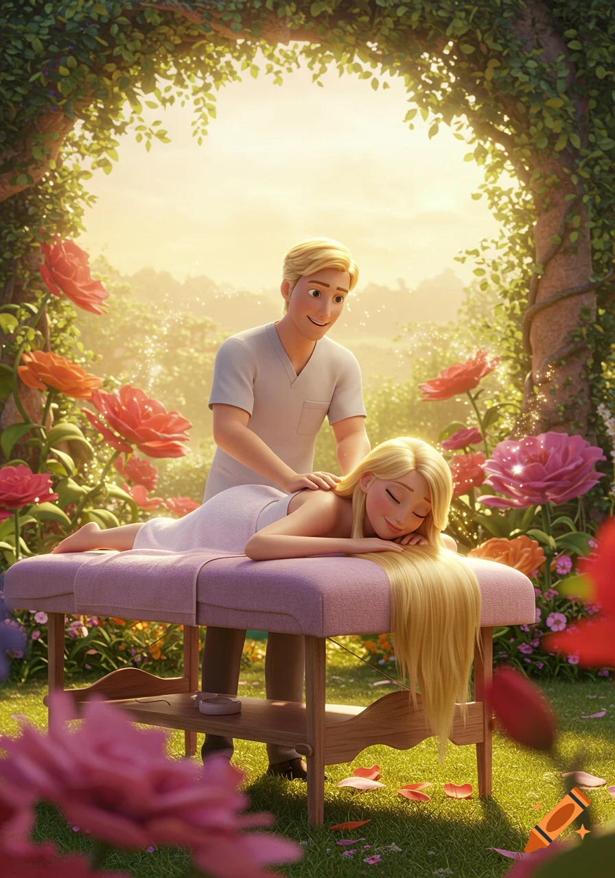 A blonde man massages a blonde woman on a table in a lush, magical garden, Pixar style.