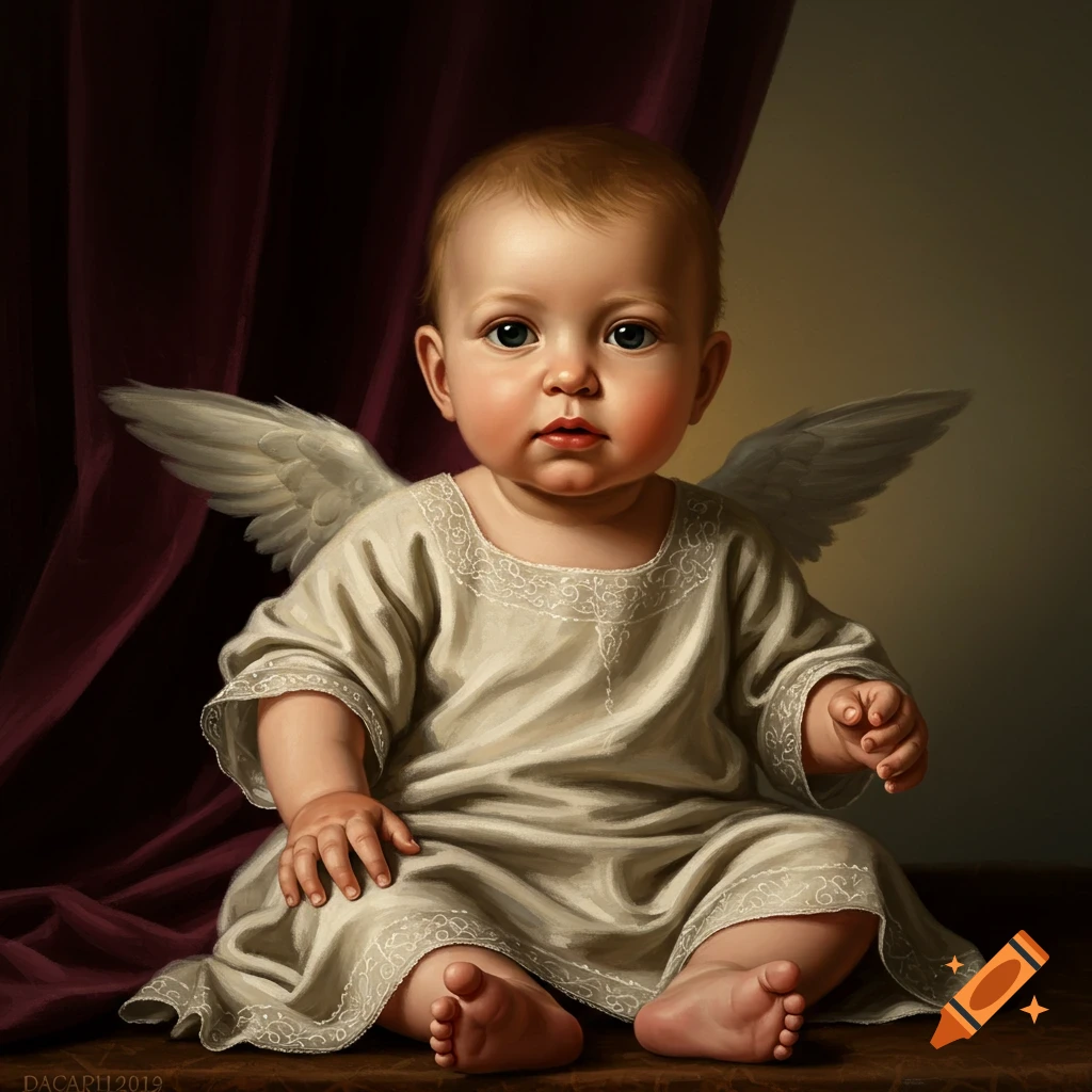 Painterly portrait of a baby with small white wings, wearing a white gown, sitting against a dark red curtain.