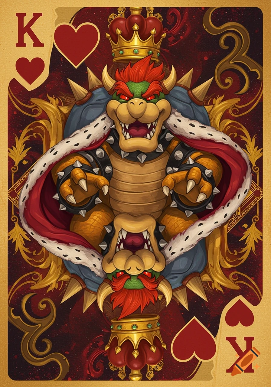 Bowser, king of hearts, depicted on a playing card, highly detailed illustration.