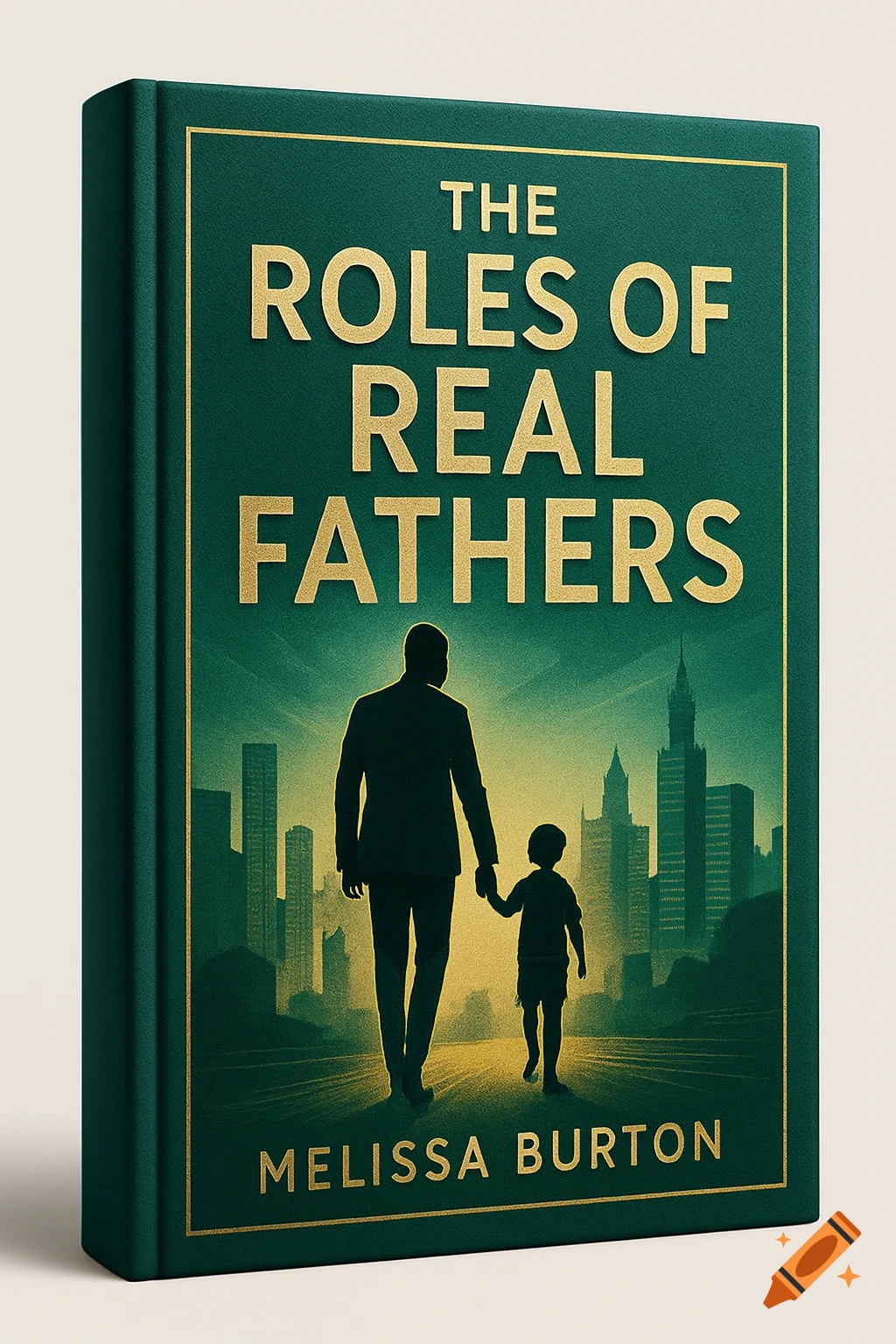 Book cover 'The Roles of Real Fathers' by Melissa Burton, showing a father and child silhouette walking towards a city.