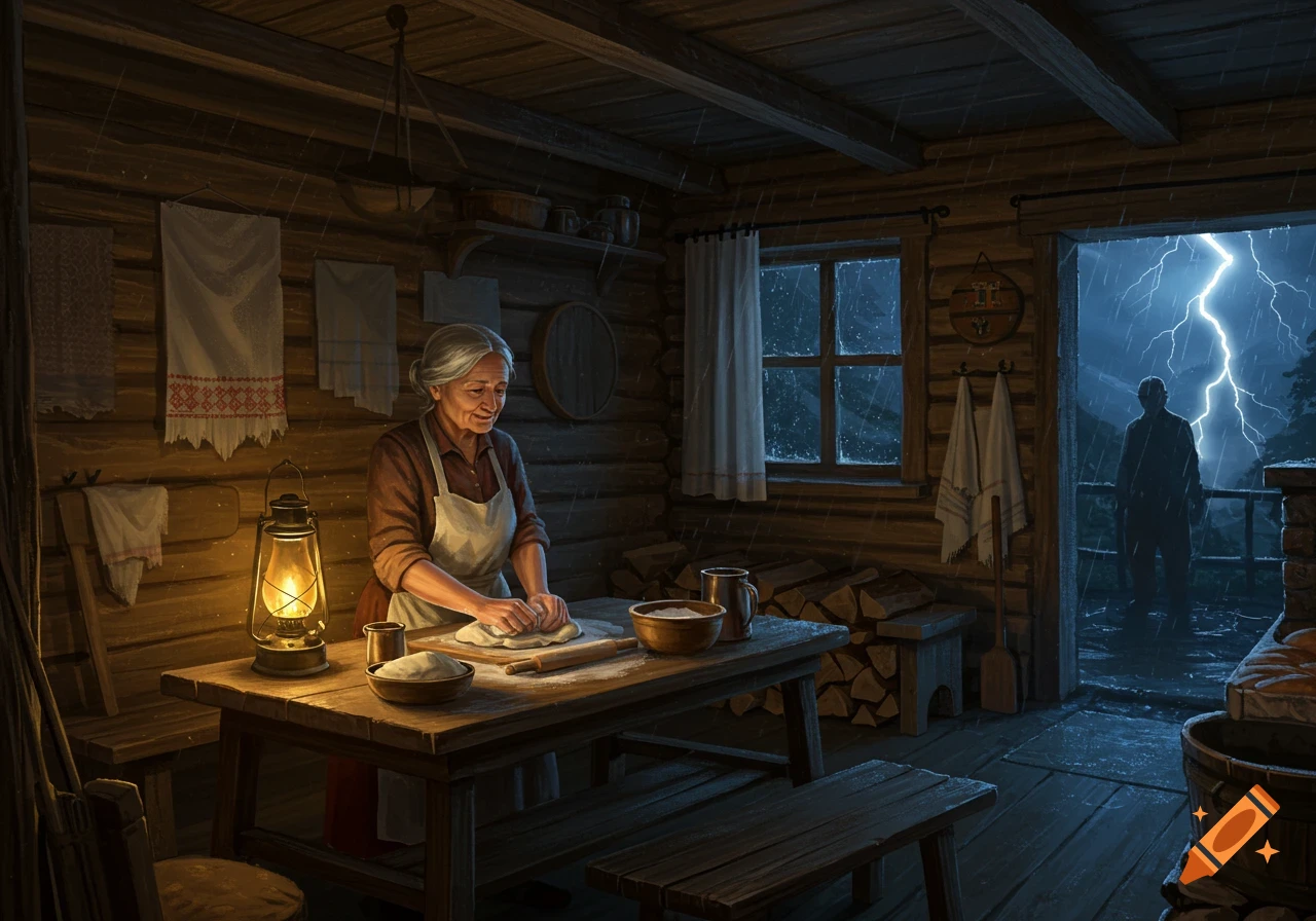 An old woman kneads dough in a rustic wooden cabin by lantern light as a man stands in the doorway watching a lightning storm.