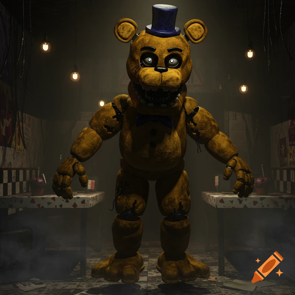Photorealistic image of an eerie, disheveled Golden Freddy animatronic with glowing eyes and a blue top hat and bowtie, floating in a dimly lit, abandoned pizza parlor.