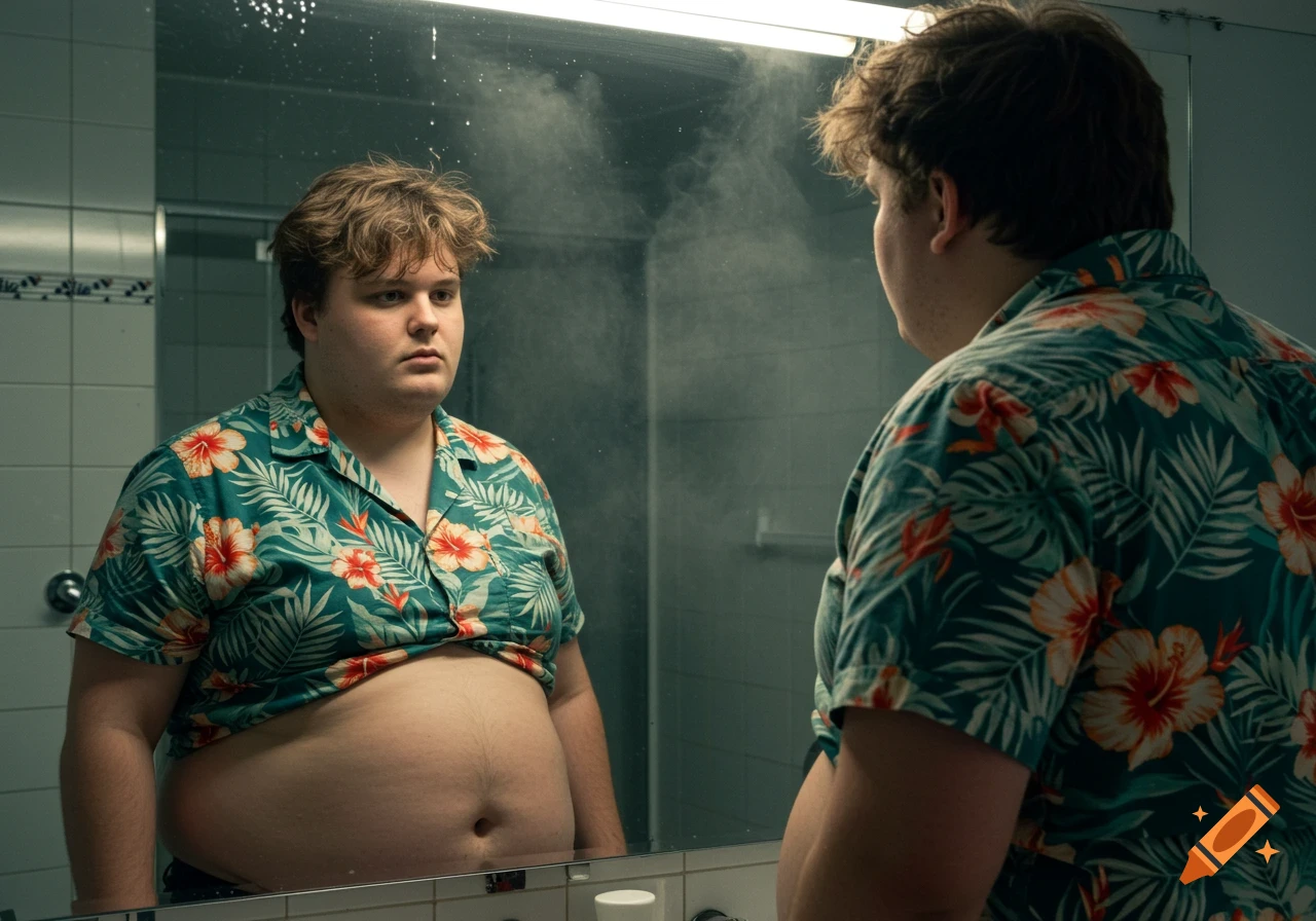 Photorealistic image of an obese young man in a tropical shirt looking at his reflection in a steamy bathroom mirror.