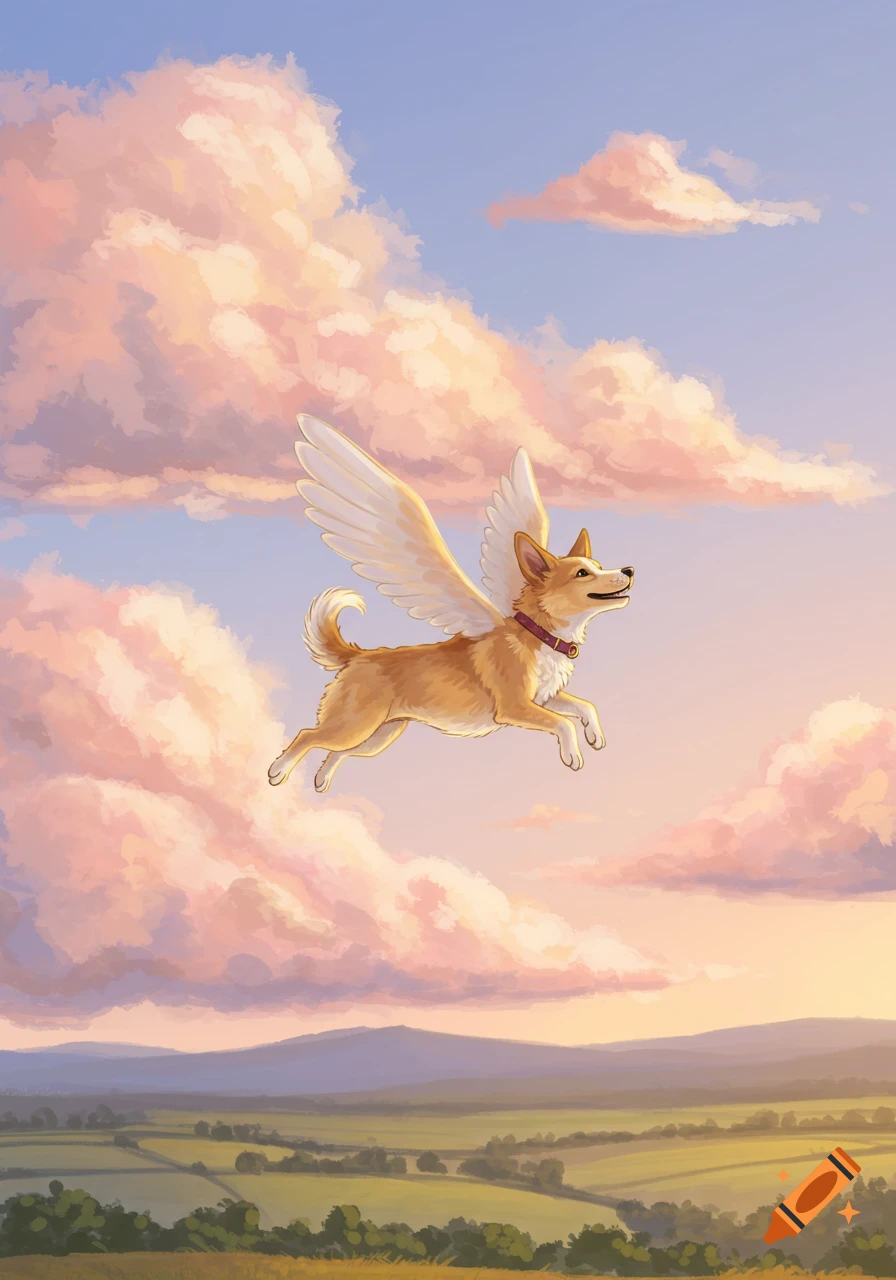An illustrated light brown dog with white wings flies in a pastel sky with pink clouds over green fields.