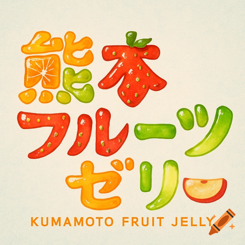 Stylized Japanese and English text 'KUMAMOTO FRUIT JELLY' made of colorful, glossy fruit-shaped letters.
