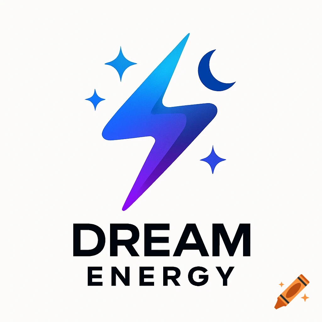 A minimalist logo for Dream Energy featuring a blue and purple gradient lightning bolt, stars, and a crescent moon on a white background.