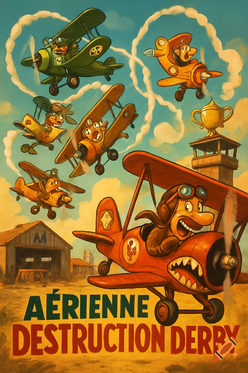 A cartoon poster featuring anthropomorphic biplane pilots in an aerial destruction derby. An orange plane with a smiling pilot dominates the foreground, while other planes battle in the sky around a trophy tower and an airfield hangar. Text reads "AÉRIENNE DESTRUCTION DERBY".