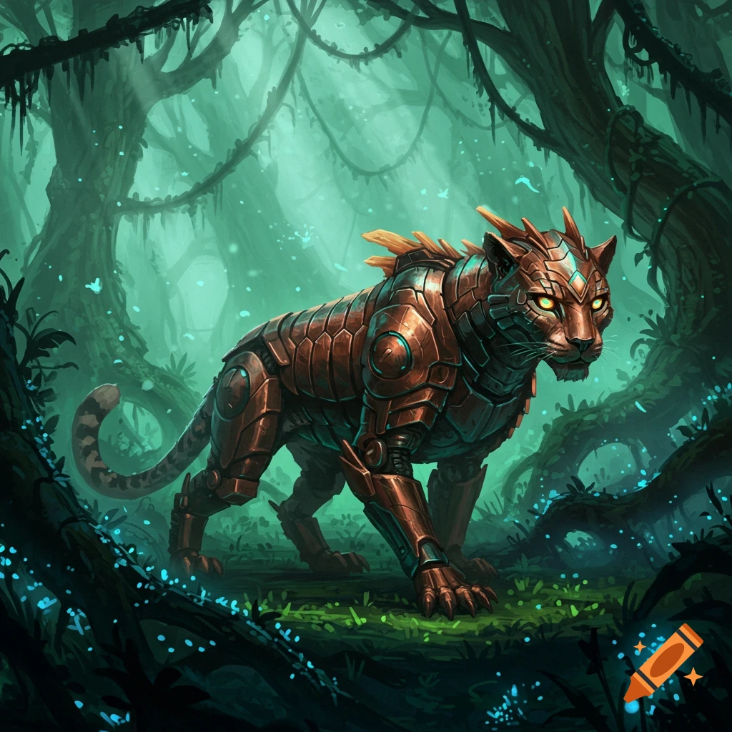 A bronze and teal mechanical leopard with glowing eyes stands in a lush, misty green fantasy jungle.