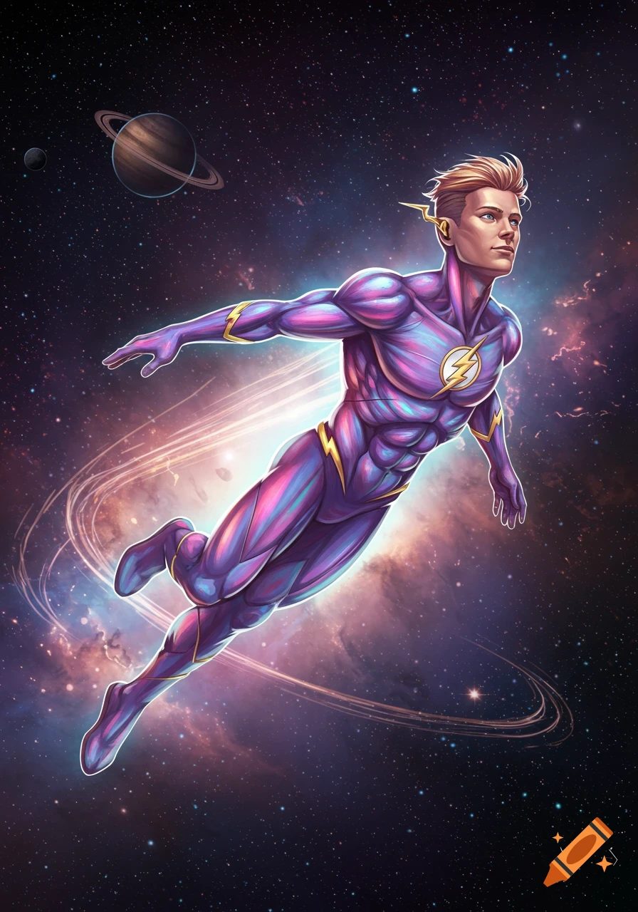 Blond superhero in a shimmering purple suit with a lightning bolt logo floats through space past a ringed planet, comic art style.