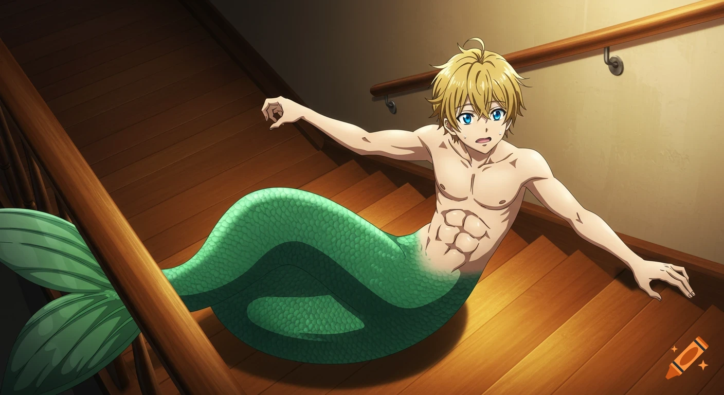 An anime-style blue-eyed blond merman with a green tail struggles halfway up a wooden residential staircase, holding the railing.