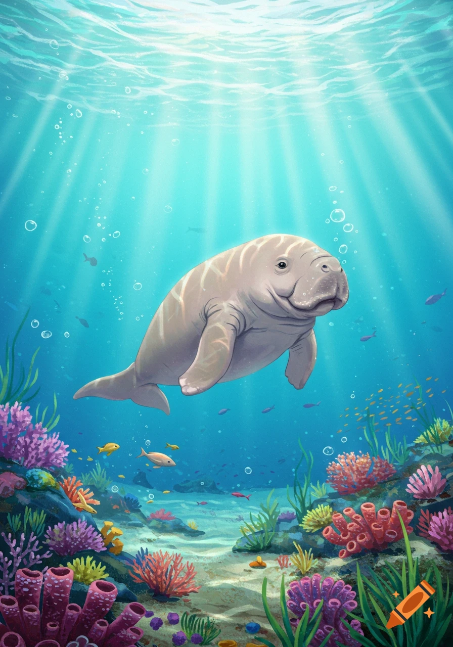 Cute cartoon dugong swimming in a vibrant coral reef with sun rays shining through blue water.