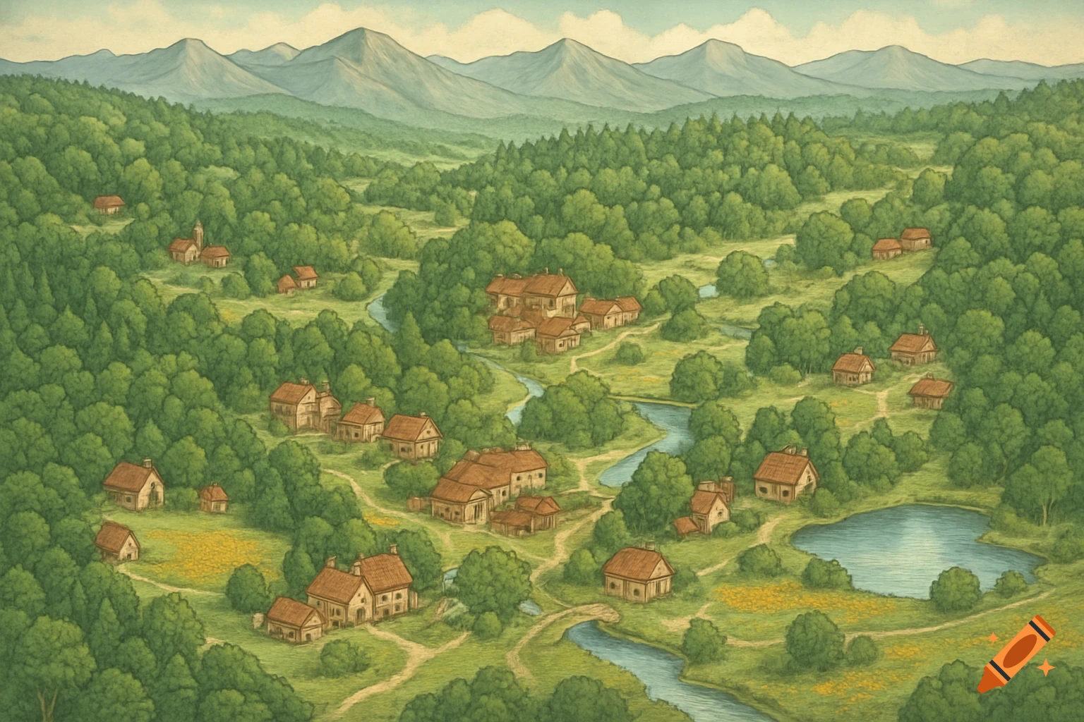 Illustrated aerial view of a vibrant green rural valley with numerous villages, winding rivers, and distant mountains.