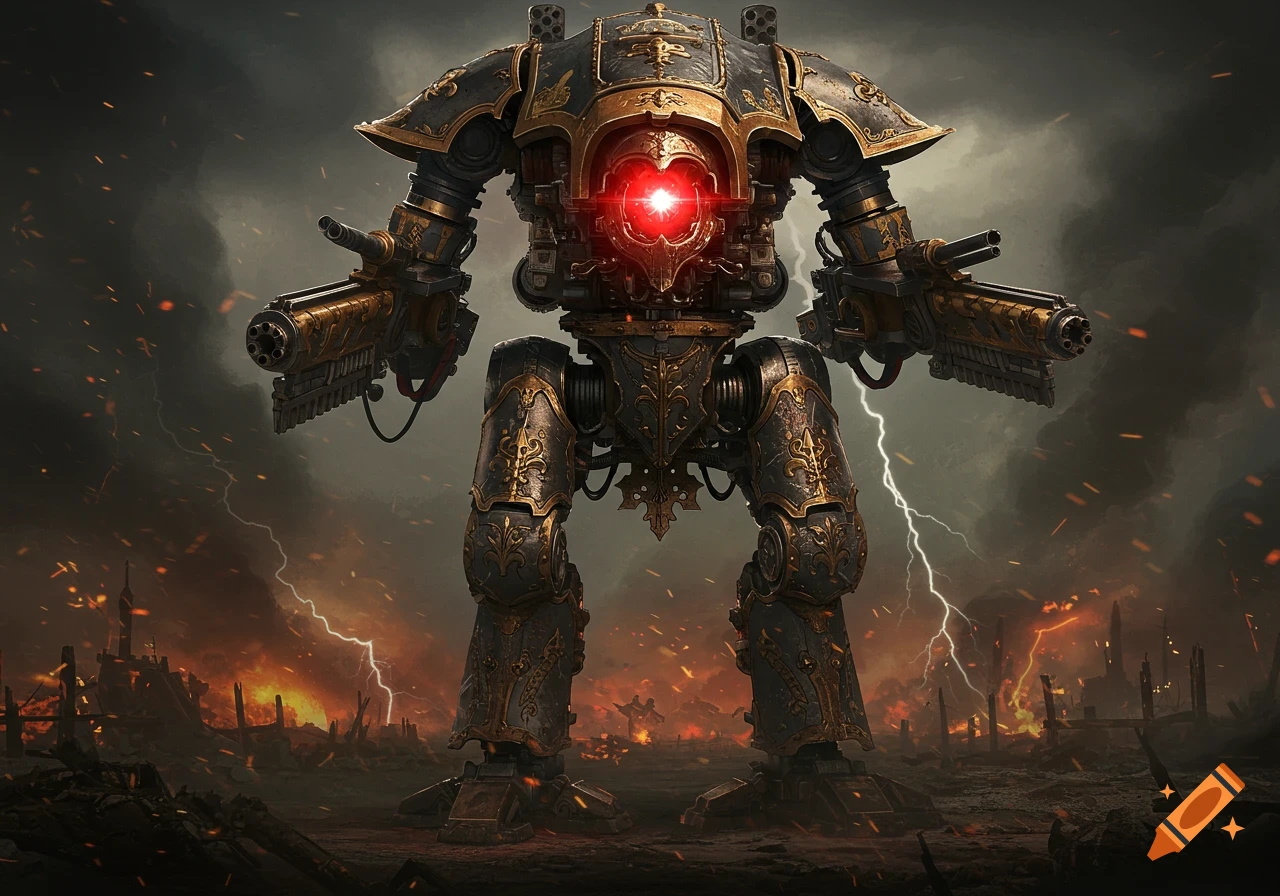 A giant, ornate, gold and dark war robot with a glowing red core stands in a burning wasteland under a stormy, lightning-filled sky.